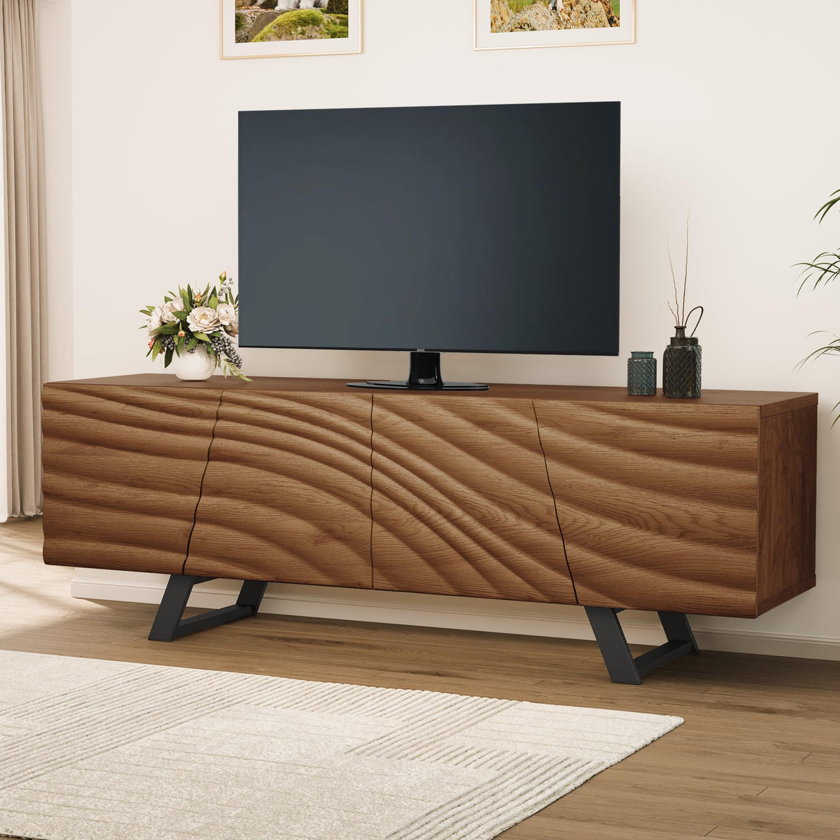 YITAHOME 63" Mid Century Modern TV Stand for TVs up to 65 inch Flat Screen Wood TV Console Media Cabinet with Storage, Walnut YITAHOME