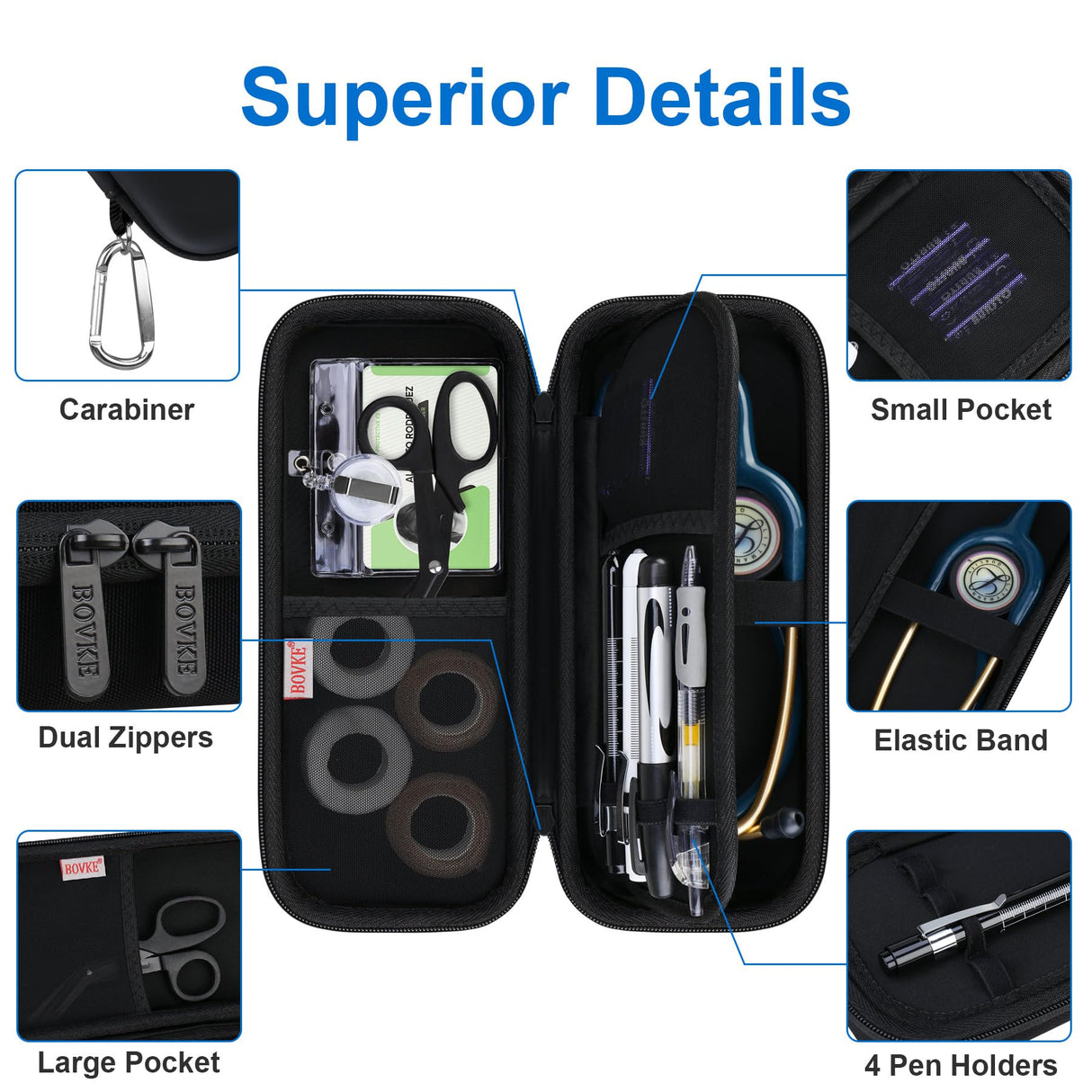 BOVKE Stethoscope Case Kit, 15 Pcs Tool Set Perfect Nurse Gift Include Stethoscope Case, Medical Scissor, Bandage Wraps, 2 Penlights with Batteries, Bandage Holder for Nurses, Black+Black BOVKE