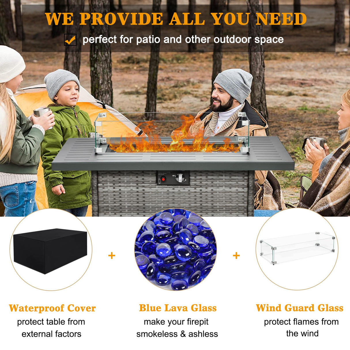 LayinSun 44" Propane Gas Fire Pit Table, 55000 BTU Rectangular Fire Pit with Glass Wind Guard for Outside Patio Deck Garden Backyard Gray-Aluminum Top LayinSun