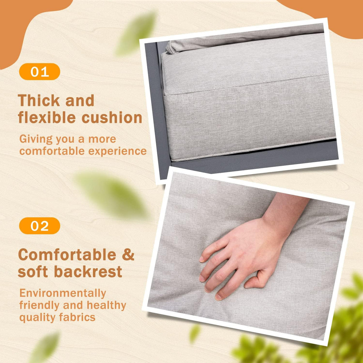 Greesum 4 Piece Furniture Patio Lounge Conversation Set Solid Wood Armrest & Table Top Anti-Drop Thick Waterproof Cushion, Onesize, Light Beige Greesum