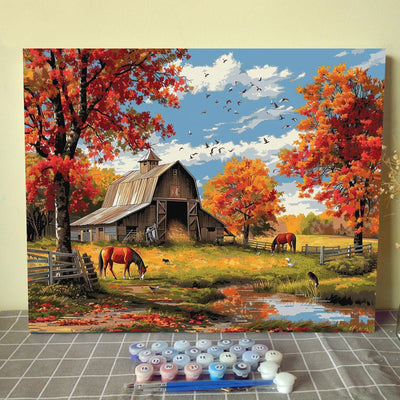 Autumn Farm Scenery Paint by Numbers Kits 16x20 inch Canvas Farm Barn Horse Landscape DIY Oil Painting for Adults Beginner with Brushes and Acrylic Pigment-Nature Fall Scenery Photo Gift(Frameless)