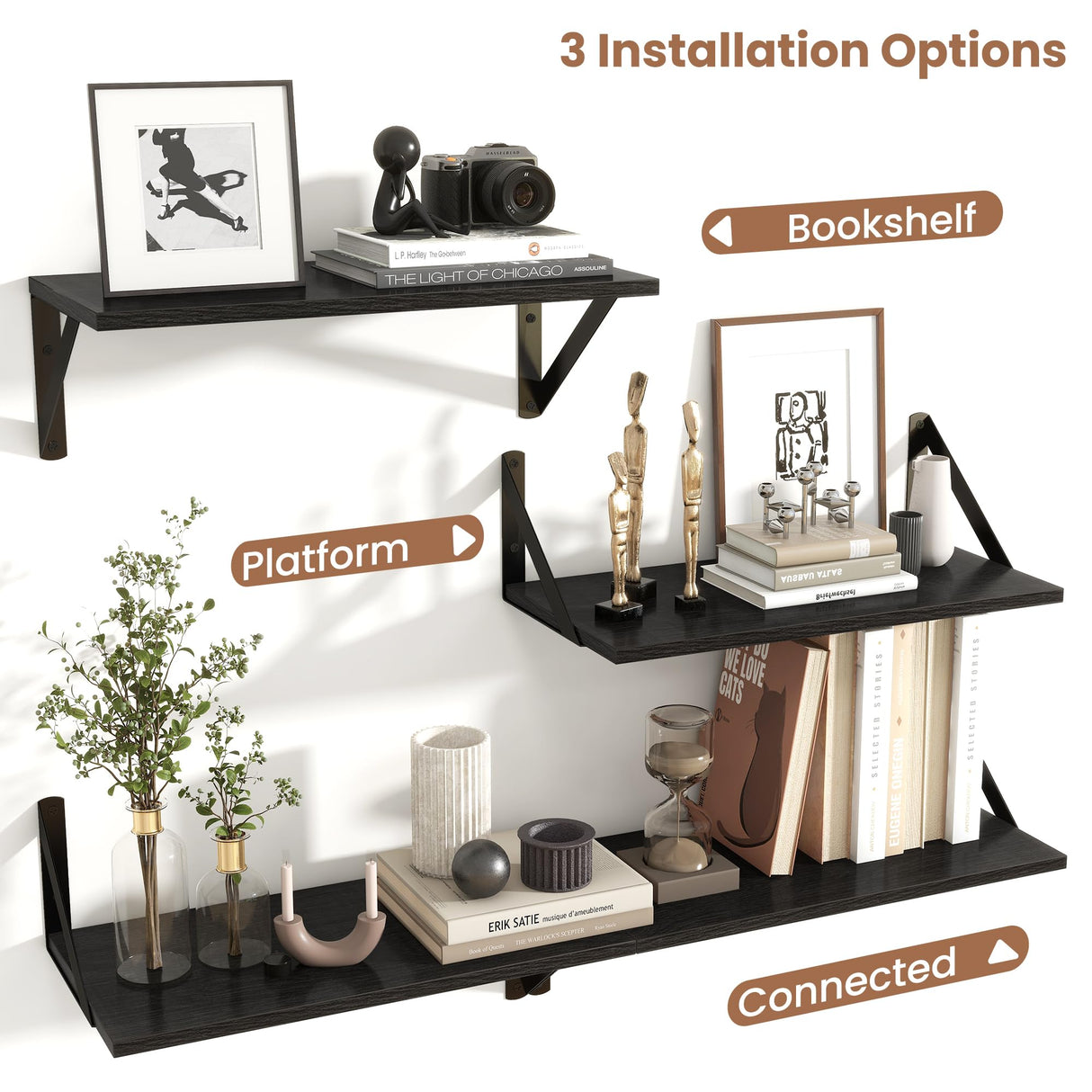 Axeman Floating Shelves for Wall, 8 Inch Deep Black Floating Shelves Set of 2, 16W x 8D Wall Mounted Black Shelves for Bookshelf Living Room Bedroom Home Office Bathroom - Black Axeman