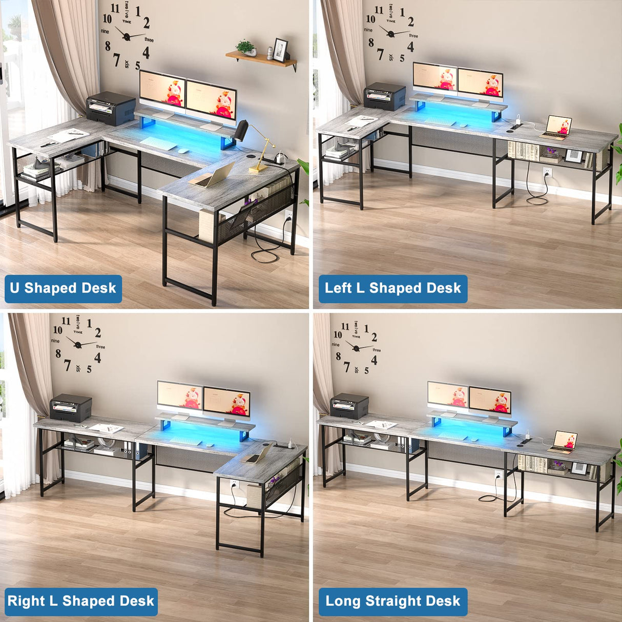 Unikito Reversible U Shaped Computer Desk with Power Outlet, LED Lights, and Monitor Stand – Modern 130 Inch Dual Purpose Office and Gaming Table in White Oak Unikito