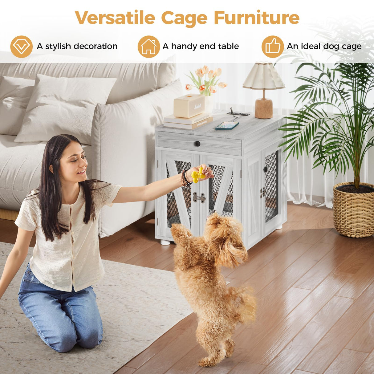 VOWNER Dog Crate Furniture, Wooden Dog Kennel End Table with USB Charging Station, Storage Drawer, Double Latched Door, Furniture-Style Crate Side Table for Small Dogs Under 25 lbs Indoor, Gray Pine VOWNER