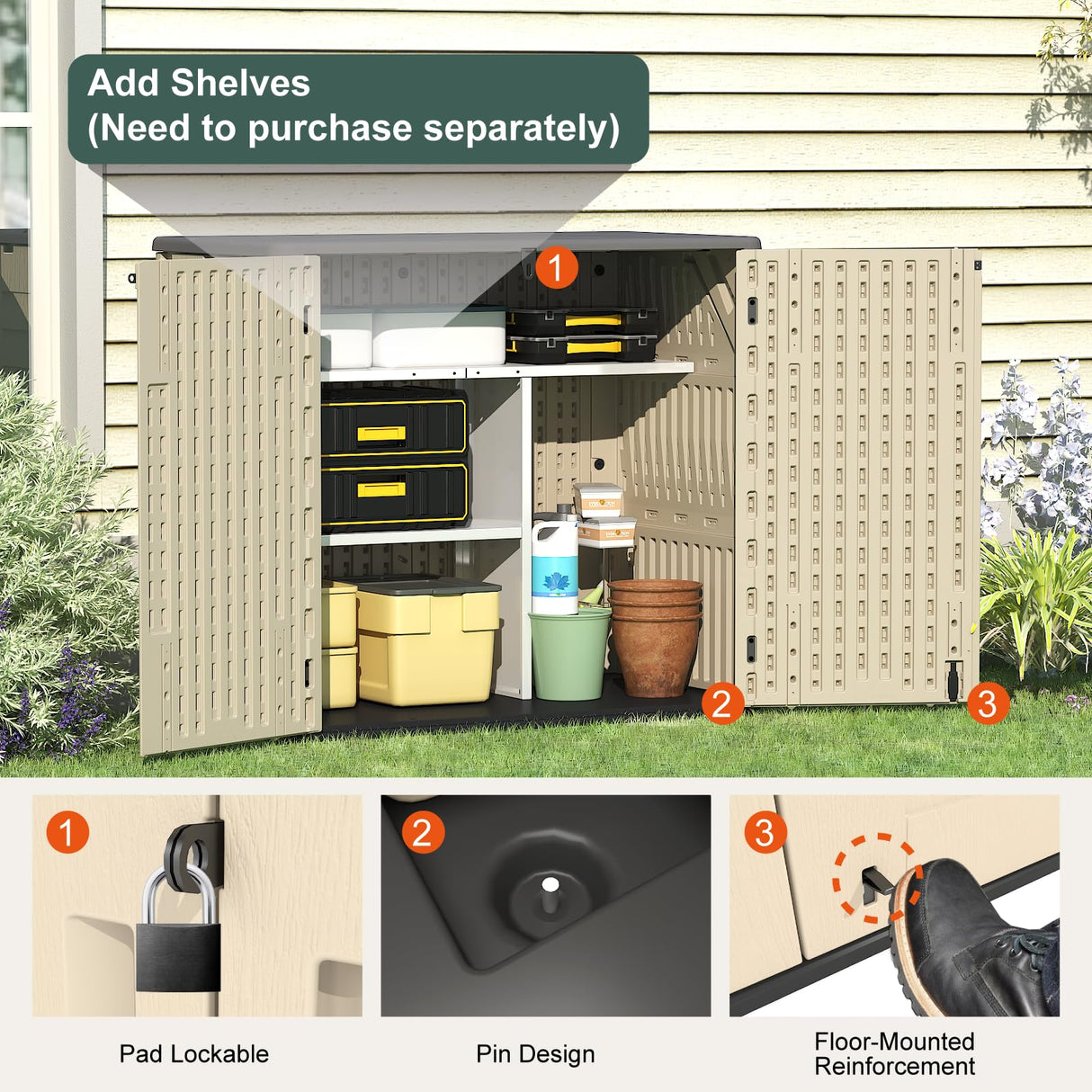 IWDOO 30 Cu.Ft Outdoor Storage Shed, Multi-Purpose Weather-Resistant Utility Shed for Garbage Cans, Lawn Mower, Garden Tools, Waterproof Resin Horizontal Cabinet with Pad-Lockable Doors (Khaki) IWDOO