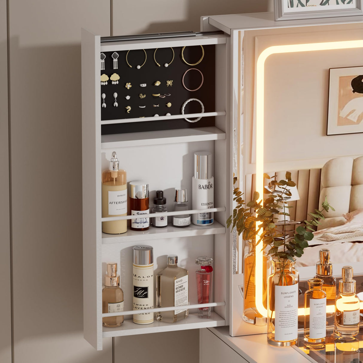 FURNJOYLIFE Makeup Vanity Desk with Mirror and Lights & Charging Station,Modern Glass Top Big Vanity Table with 5 Drawers,Sliding Storage Wall-Mounted Jewelry,3 Shelves for Bedroom,White FURNJOYLIFE