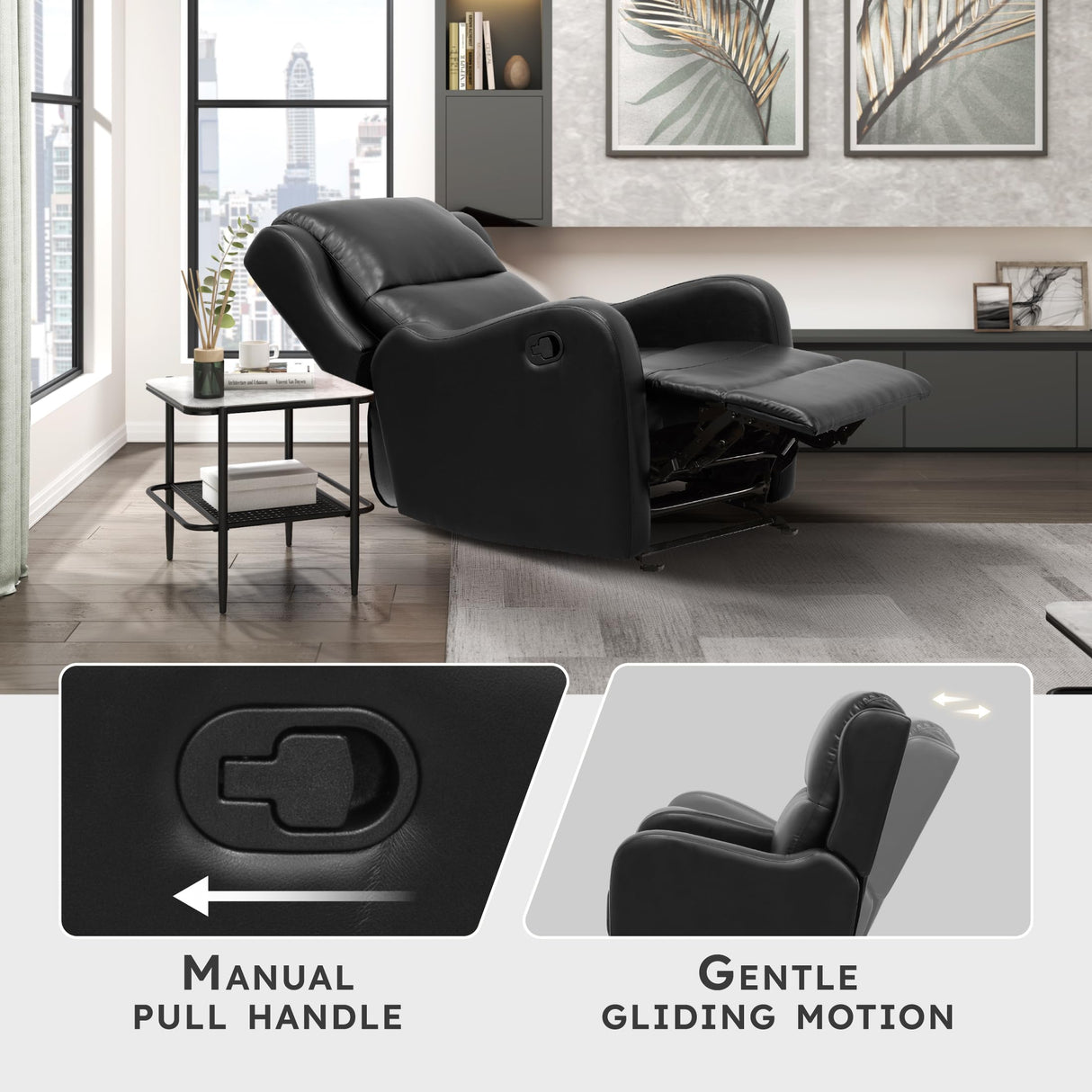 Lexicon Manual Glider Recliner Chair, Reclining Sofa Chair, Home Theater Seating, Manual Glider Recliner for Living Room/Office/Apartment, Easy Assembly, Black Faux Leather Lexicon