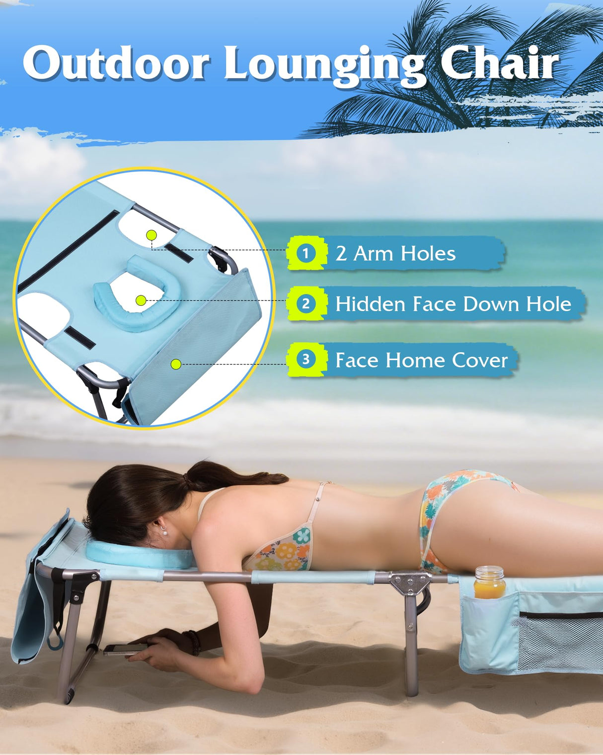 WLIVE Outdoor Tanning Chair, 5-Position Folding Beach Chair with Face Hole, Portable Patio Lounge Chair for Beach, Pool,Camping, Light Blue WLIVE