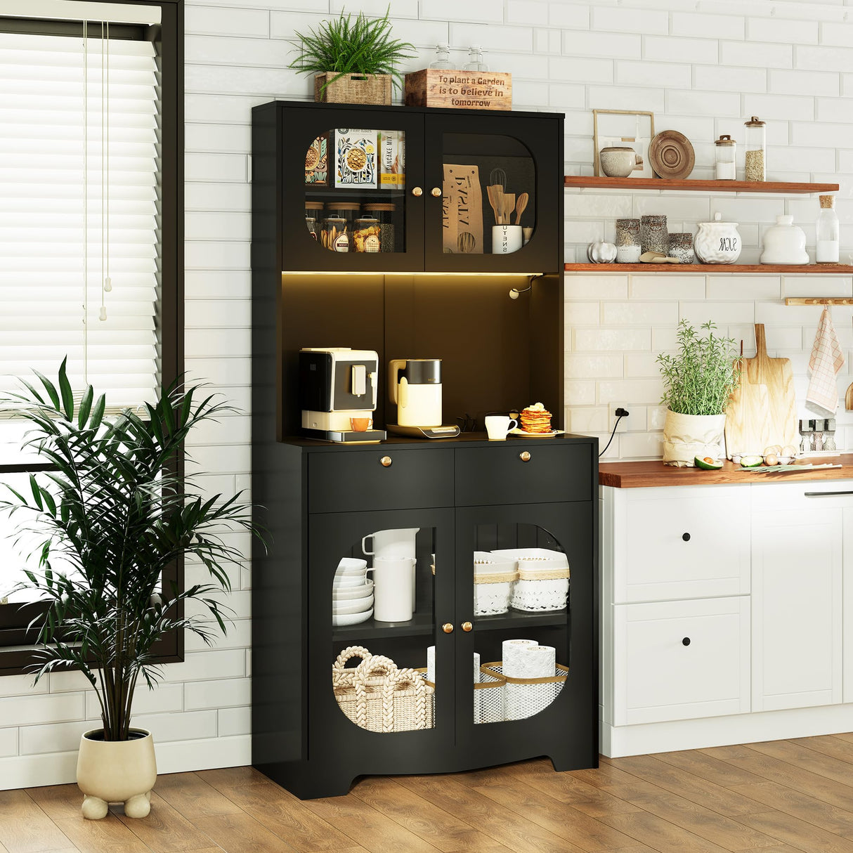 71" Black Kitchen Pantry Storage Cabinet with Lights and Charging Station, Tall Hutch Cabinet with Storage and Microwave Shelf for Dining Room spanspace