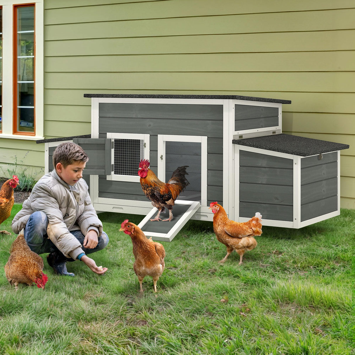 YITAHOME Chicken Coop 11.5ft² Large Wooden Chicken House Chicken Pen Outdoor with 2 Nesting Boxes Poultry Cage Rabbit Hutch Duck Cage with Weatherproof Roof (Grey) YITAHOME