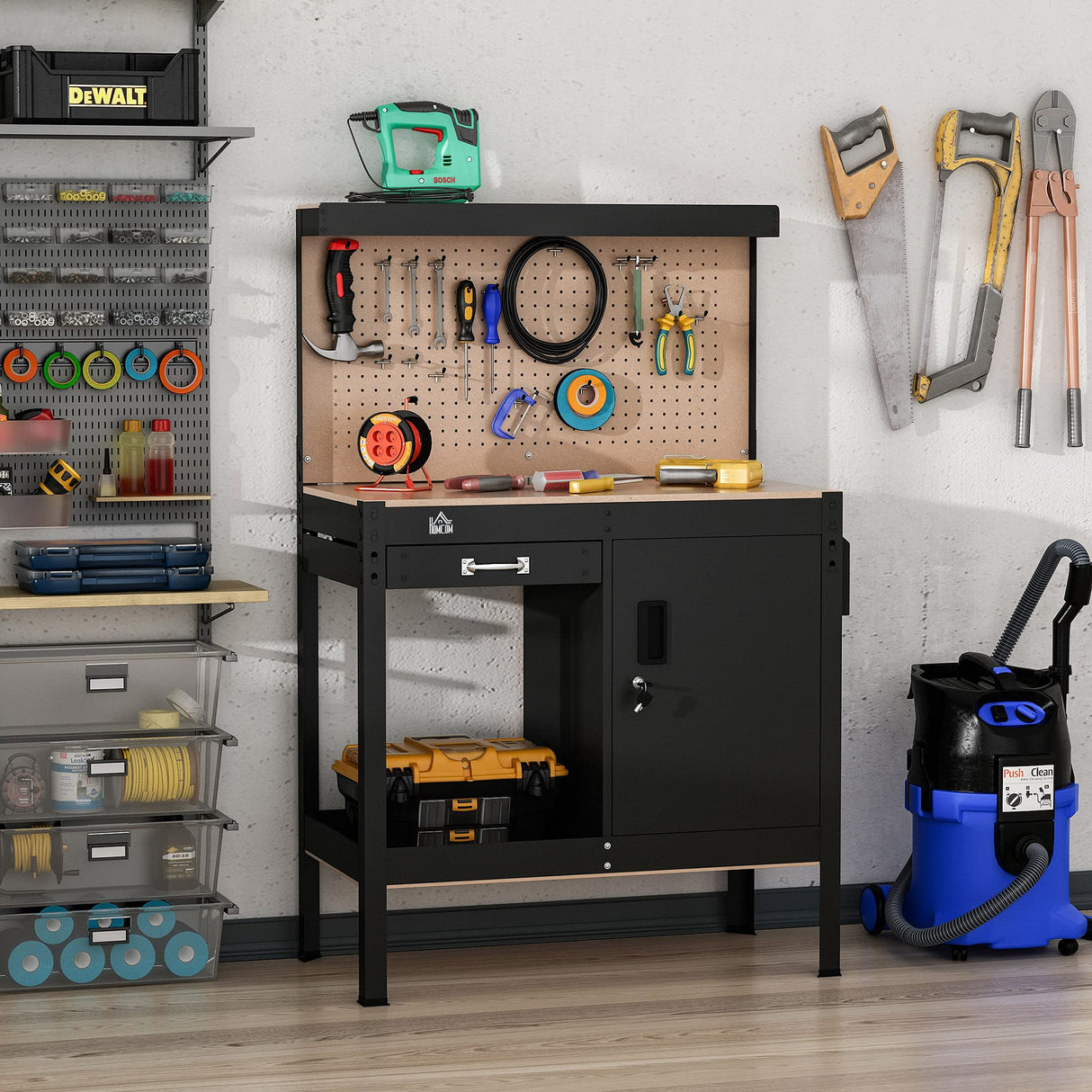 HOMCOM Multipurpose Workbench, Workshop Tool Table with Slide Drawer. Peg Board, Storage Cabinet with Keys HOMCOM