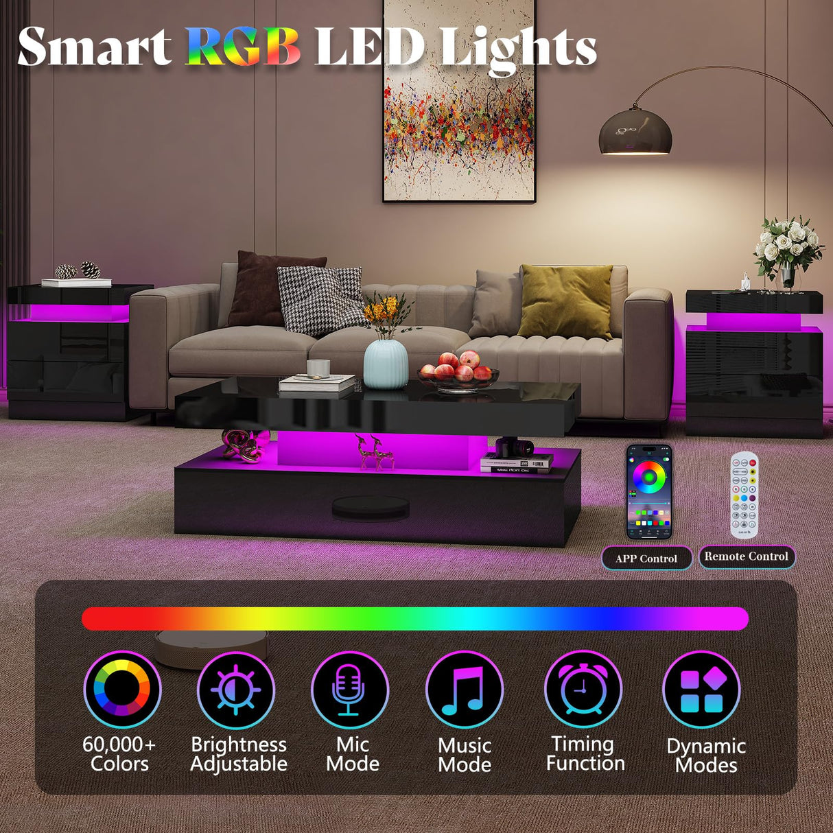 AMERLIFE High Gloss 3 Pieces Living Room Table Set, Modern LED Coffee Table Sets of 3, 2-Tier Center Table with 2 End Side Tables, LED Lights Bedside Table Nightstands with Charging Station, Black AMERLIFE