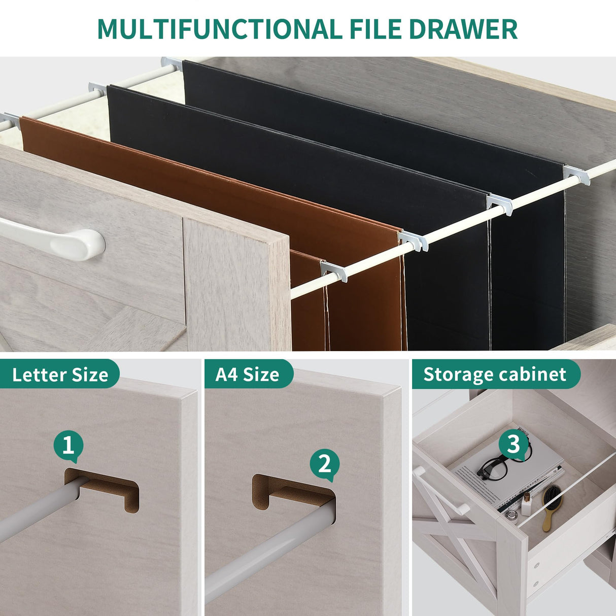 DWVO L Shaped Desk with File Drawer, 60" Corner Computer Desk with Power Outlets, Home Office Desk with Monitor Stand & Storage Shelves & File Cabinet, Grey Wash DWVO