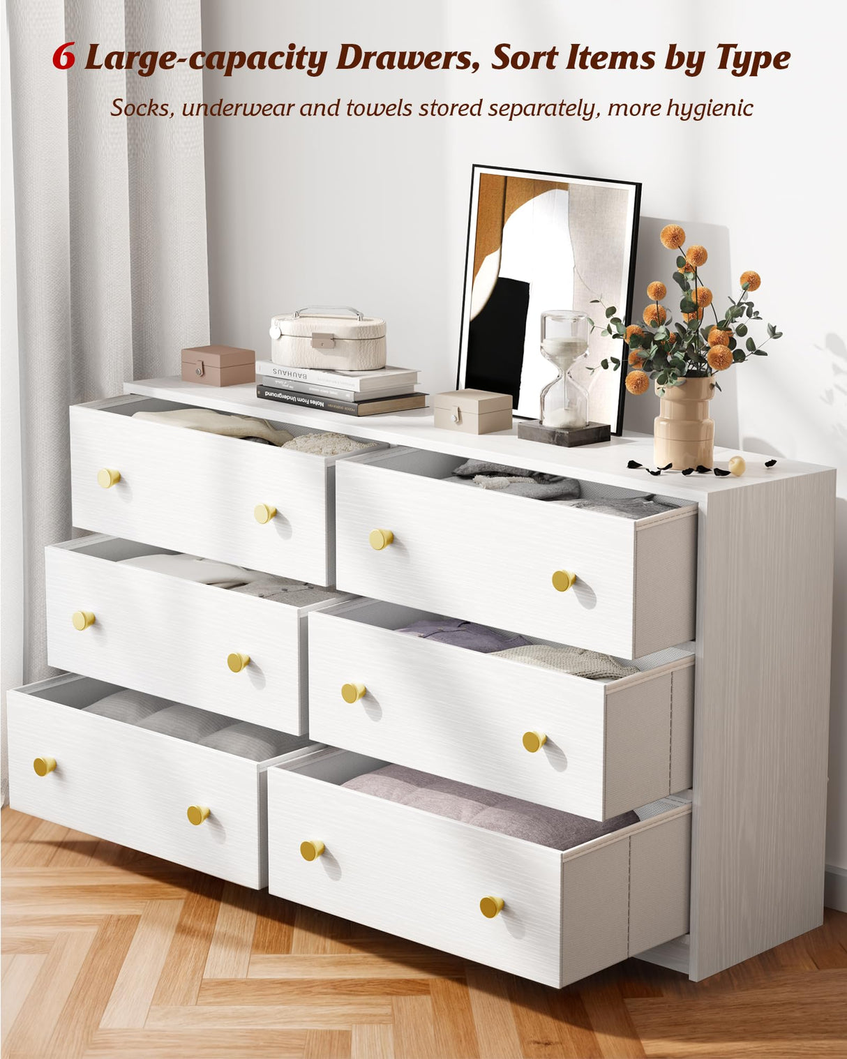 Nicehill Dresser for Bedroom with 6 Drawers, Fabric Storage Tower & Chest of Drawers Organizer, Storage Cabinet for Hallway, Closets, Living Room,White Dresser Wooden(White) Nicehill