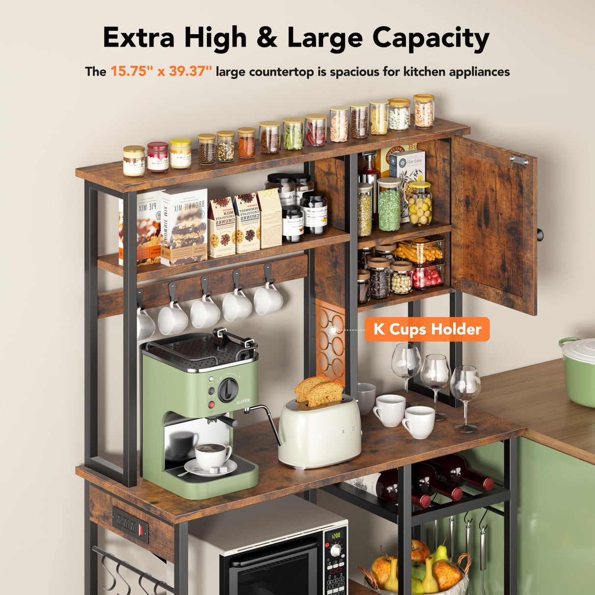 Decofy Bakers Rack with Power Outlet - Microwave Stand with Storage, Large Coffee Bar with K Cups Holder, 5 Tiers Metal Kitchen Shelves Rack, 39.37 x 15.75 x 63 Inches, Brown Decofy