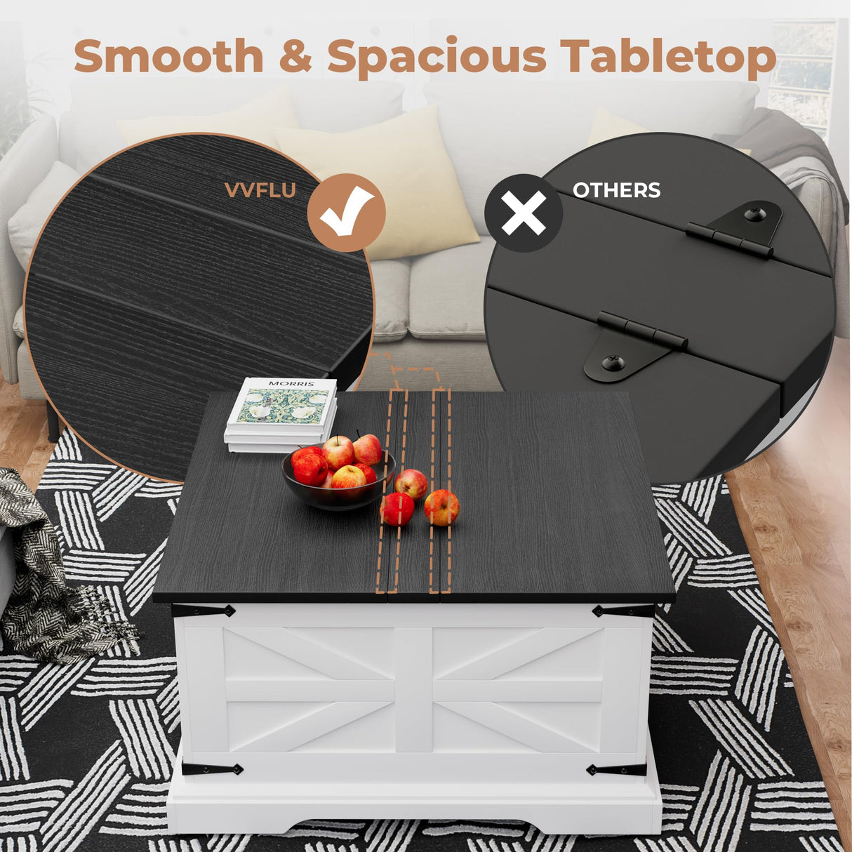 VVFLU Farmhouse Coffee Table with Storage, Square Center Table for Living Room, Rustic, Hinged Lift Top Soft Close, Wood, Large Hidden Storage, Modern, Metal Corner, White Black VVFLU