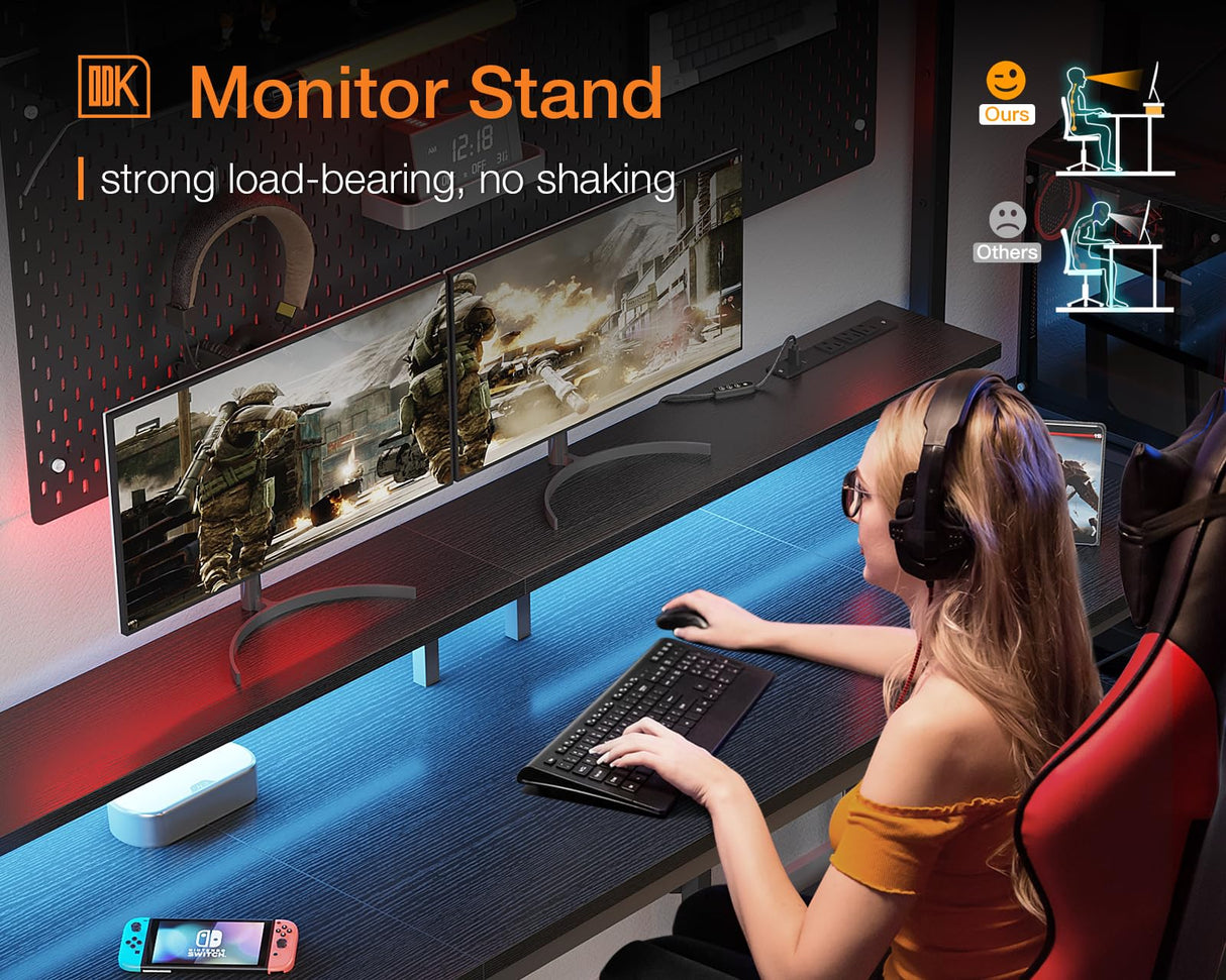 ODK 63 inch Computer Desk with Power Outlets & LED Lights, Gaming Desk with Monitor Stand & Storage Sheves, Home Office Desk, Black ODK