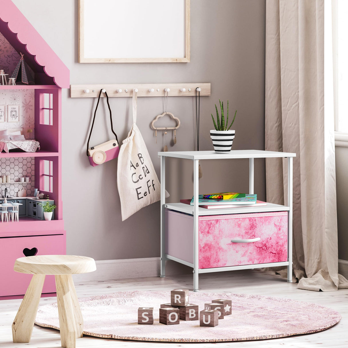 Sorbus 1 Drawer Shelf Storage Nightstand - Kids Bedside Furniture End Table Night Stand with Steel Frame Wood Top & Easy Pull Fabric Bins. Dresser & Chest for Home Bedroom Accessories Office & College Sorbus