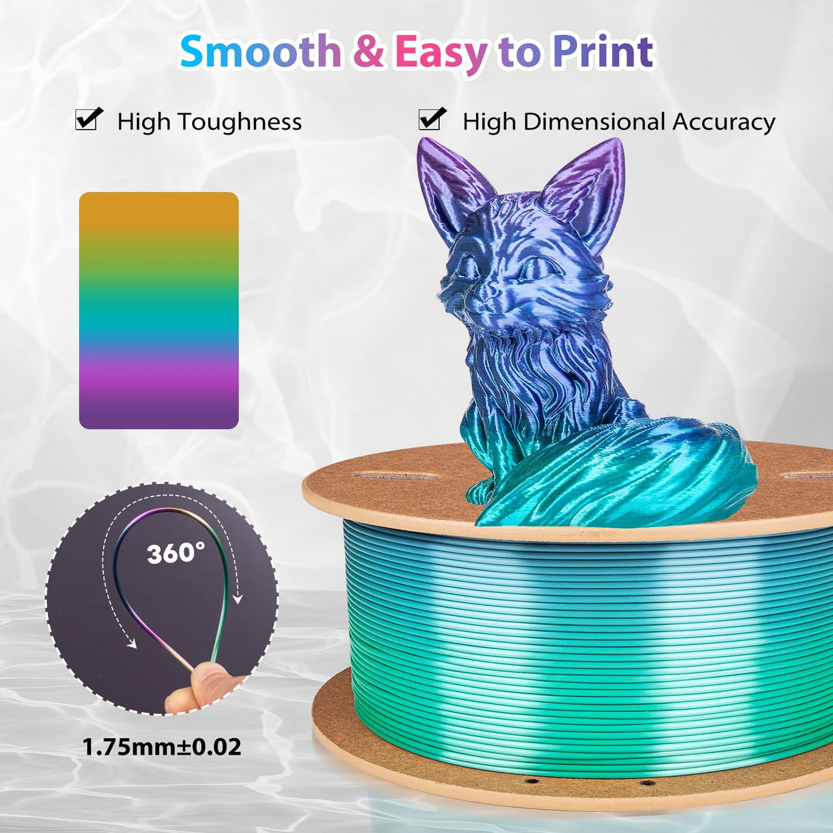 3Dgenius Silk Rainbow PLA Filament 1.75mm Silk PLA 3D Printer Filament Shiny Fast Color Changing Gradient Filament 3D Printing Filament Fit Most FDM Printers, 500g Spool(1.1lbs), Candy Series 3Dgenius