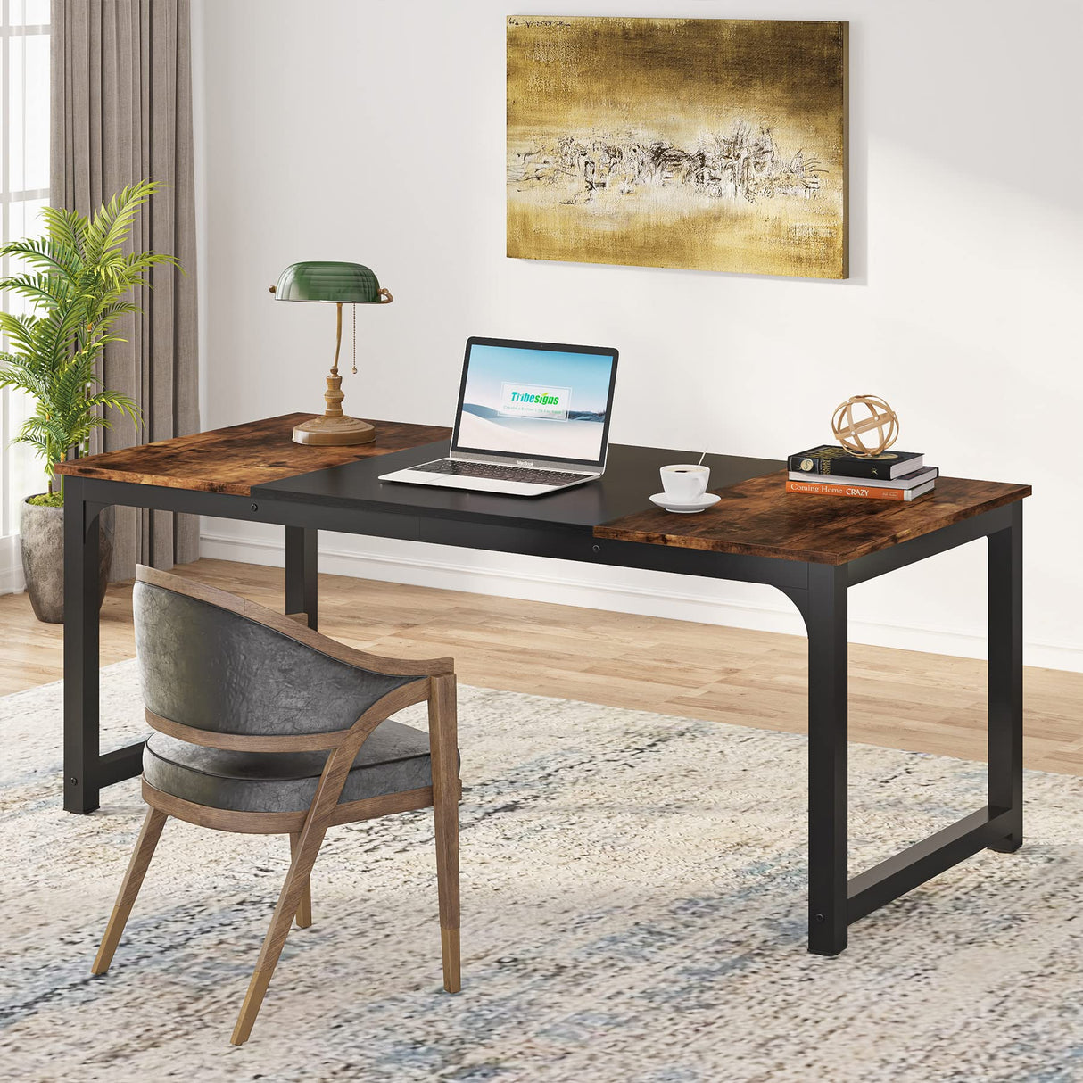 Tribesigns Modern Computer Desk, 63 x 31.5 inch Large Office Desk Computer Table Study Writing Desk Workstation for Home Office, Vintage Black Metal Frame Tribesigns