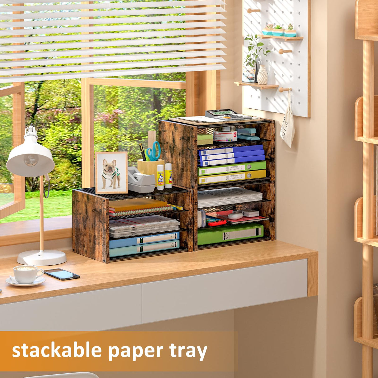 DAOUTIME 3-Tier Paper Organizer Letter Tray, Wooden Desk File Organizer, Stackable Metal Mesh Desk Organizer for A4 Printer Paper Storage. Small Paper Trays for Home Office School, Rustic Brown DAOUTIME