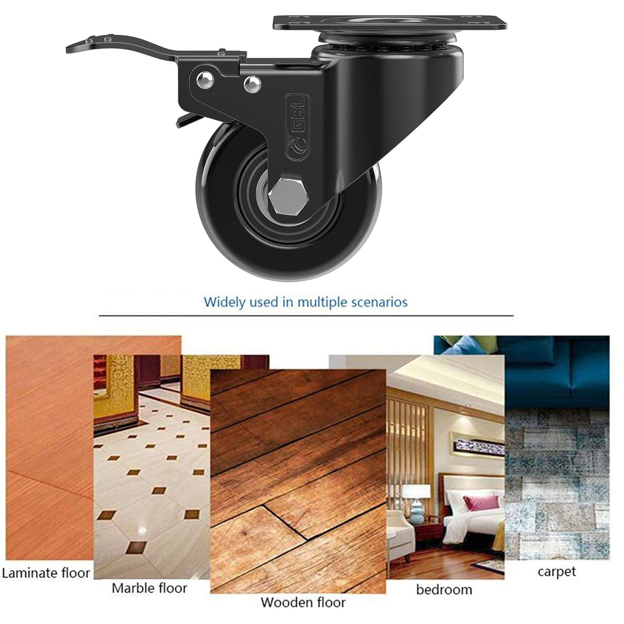 GBL 2" Heavy Duty Caster Wheels with Brakes + Screws - up to 440Lbs - Set of 4 No Floor Marks Silent Castor for Furniture - Rubbered Trolley or Pallet Swivel Wheels - Black Casters GBL