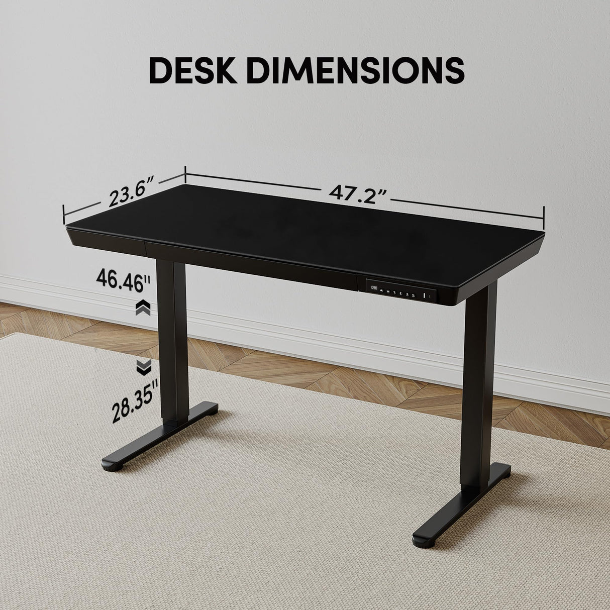 BANTI Electric Standing Desk with Drawers, 48 inch Whole-Piece Glass Desktop, Height Adjustable Stand up Sit Stand Home Office Ergonomic Workstation, Black Tabletop BANTI