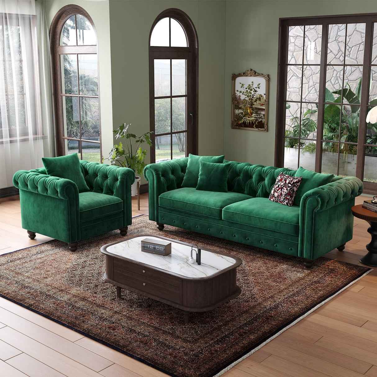 ONBRILL 82 Inch Chesterfield Sofa, 23 Inch Deep Seat Velvet Couch for Living Room, Button Tufted Couch with Rolled Arms, 2 Throw Pillows, Comfy Vintage Loveseat Sofa for Apartment, Green ONBRILL