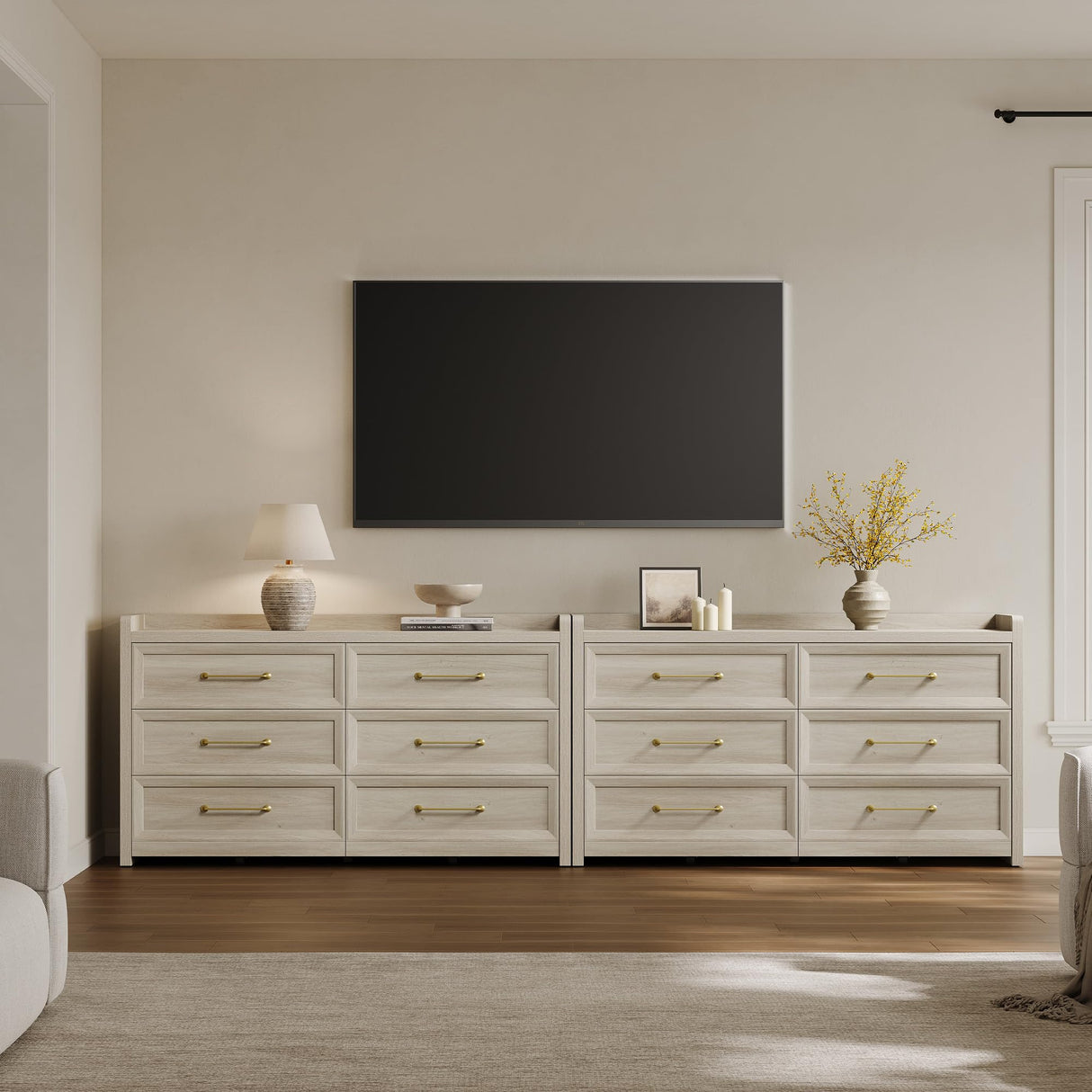 SICOTAS 6 Drawer Dresser for Bedroom-56.4" Extra-Wide Wooden Chest of Drawers with Large Storage, Long Dresser TV Stand with Drawers, Farmhouse Closet Dressers for Nursery Living Room, Grey White Oak SICOTAS