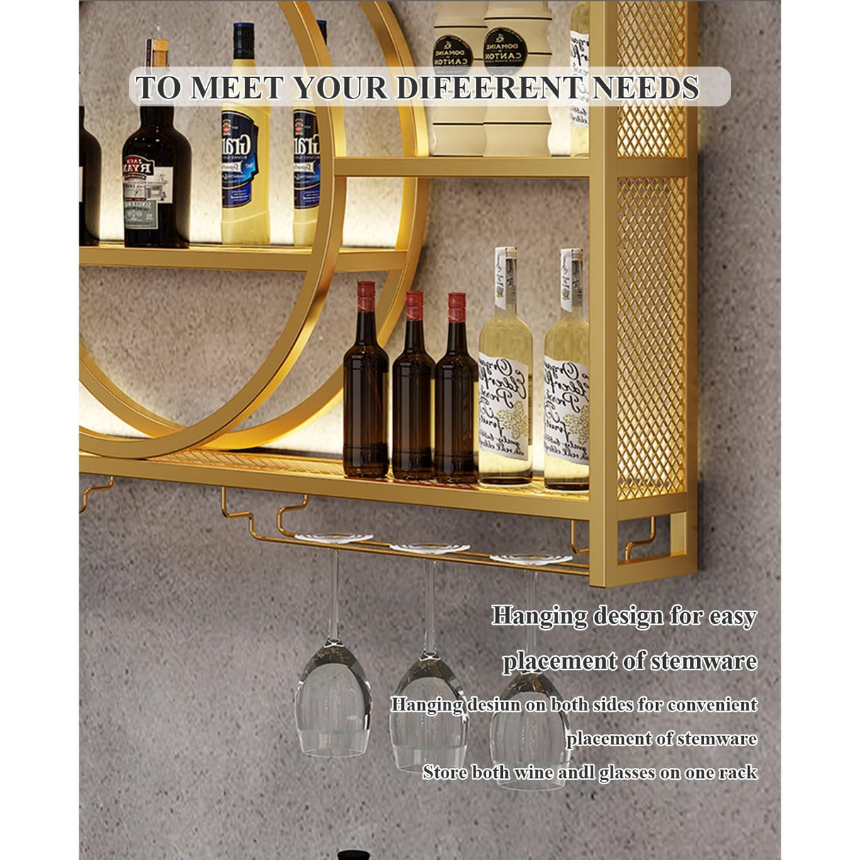 Iron Wall Wine Rack with LED Light- Display Shelf with Wine Glass Holder | Multifunctional Hanging Wine Holder | Metal Wall Mounted Wine Rack |for Dining Room, Bar and Wine Cellar(White,39.3in/100cm) Diodceraic