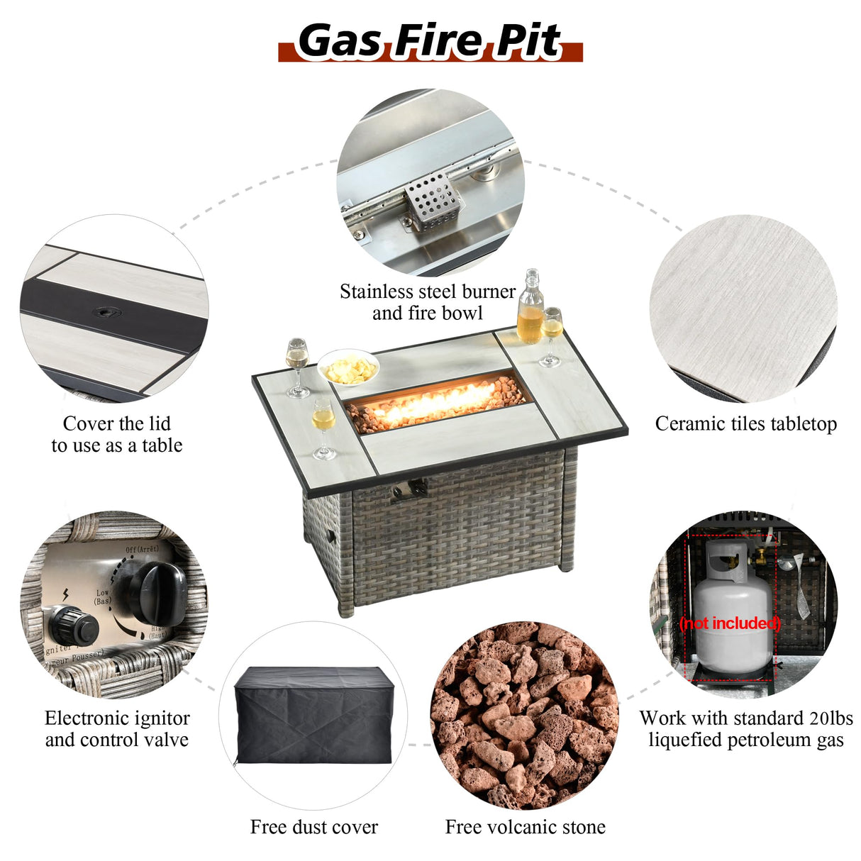 HOOOWOOO 9 Piece Modular Patio Outdoor Sectional Furniture Set with Gas Propane Fire Pit Table,Wicker Conversation Sofa Set with Swivel Chairs,Outside Couch Set(Orange Red) HOOOWOOO