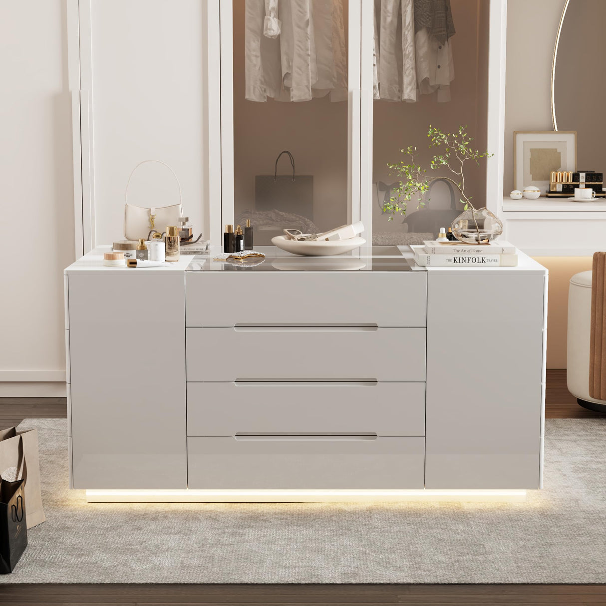 AGOTENI 63" W Closet Island with 16 Drawers, Glass Top & Lights, Modern Wooden Armoire Wardrobe Island with Drawer Organizers & Glossy Finish for Walk-in Closet Bedroom, White AGOTENI