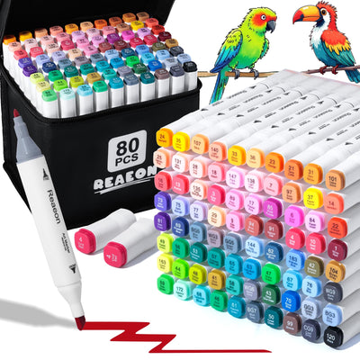 Reaeon Alcohol Art Markers, 80 Colors Fine & Chisel Dual Tip Marker Set, Permanent Art Markers for Adults Kids Sketching Painting Drawing and Coloring(White Barrel