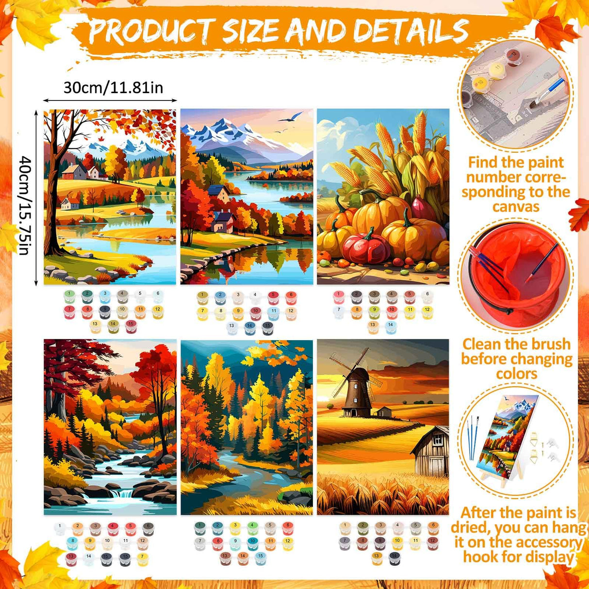 Gersoniel 6 Sets Fall Paint by Numbers Kit for Adults, 16x12 Inch Fall Forest Autumn Landscape Paint by Number DIY Framed Canvas for Home Wall Thanksgiving Decor Gersoniel