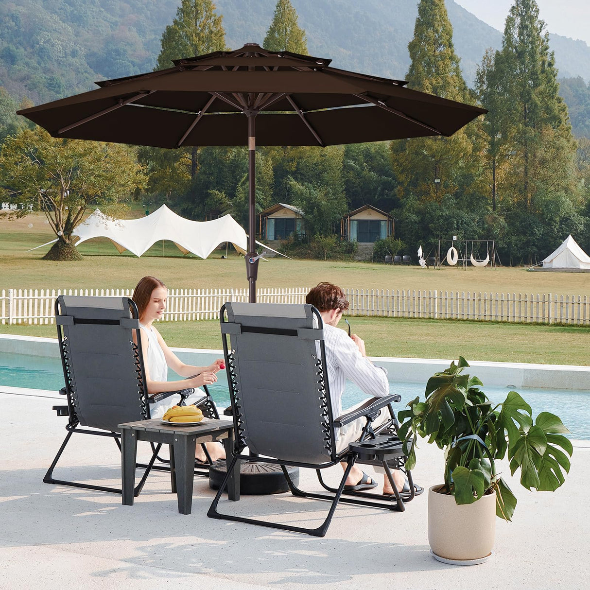 JEAREY 9FT 3 Tier Patio Umbrella Outdoor Market Umbrella Table Umbrellas Sunbrella with Button Tilt and Crank UV Protection Outside Garden Pool Umbrella,Coffee JEAREY