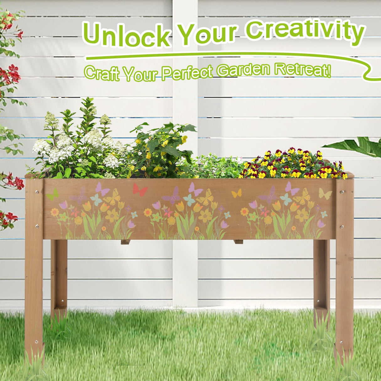 ketive Outdoor Wood Raised Garden Bed- Elevated Planter Box with Legs, Durable Fir Wood, Reinforced Frame with Drainage Holes, Liner for Vegetables, Herbs, Flowers, 47" x 23"x 30" ketive