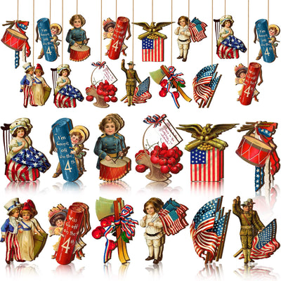Panelee 24 Pcs Memorial Day Ornaments Vintage Patriotic Tree Ornaments Wooden 4th of July Tree Decorations Red White Blue Hanging Ornament for Small Tree Independence Day Party Decor(Vintage)
