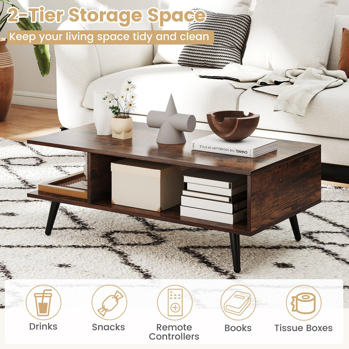Giantex Coffee Table with Storage, Mid Century Modern Center Table for Living Room, Rectangle Tea Table with Open Storage Shelf & Floor-Anti-Scratching Tapered Metal Legs, Rustic Brown (Rustic Brown) Giantex