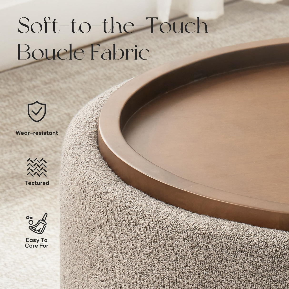 Zihanhome 30 Inch Round Storage Ottoman Coffee Table, Modern Boucle Ottoman with Lift-Off Lid and Solid Wood Legs for Living Room, Bedroom, Corners, Apartments (Brown) Zihanhome