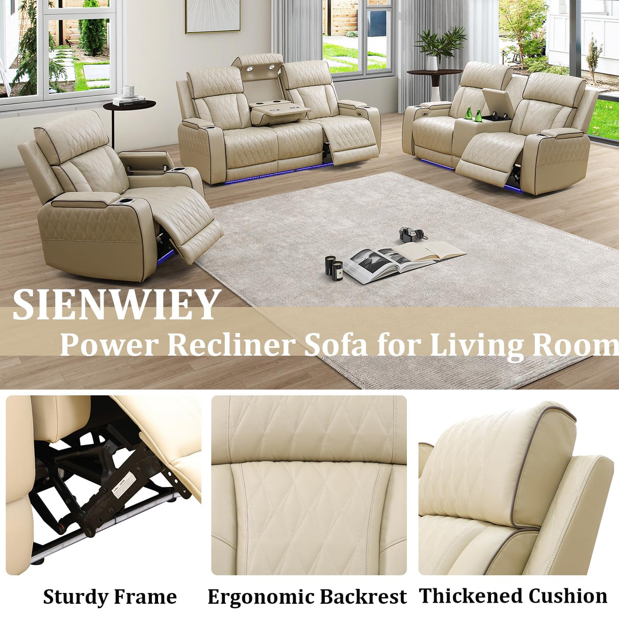 SIENWIEY Leather Recliner Sofa Set with LED Light, Power Reclining Couch Set with USB Port, Leather Couch Set 2 Pieces for Living Room Home Theater Seating(Beige,Sofa and Loveseat) SIENWIEY