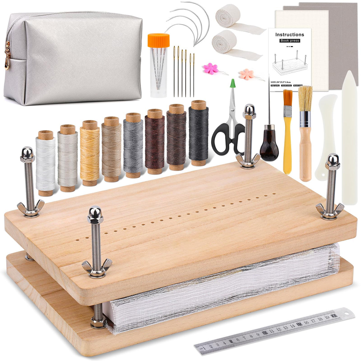 Uzecpk Book Binding Kits, Book Press Bookbinding, Book Binding Materials, Book Repair Kit with Book Cloth Bone Folder Awl Bookbinding Needles Wax Thread for Binding and Repair, 11.8 X 7.6 Inches UzecPk