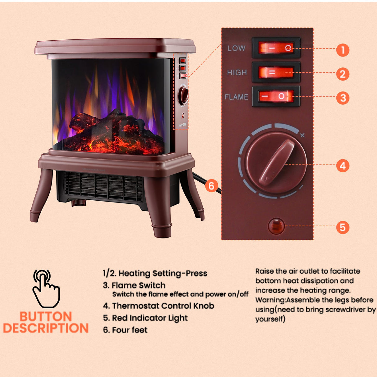 18“ Panoramic Window 1500W/1650W Electric Wood Stove Fireplace with Flame Effect, 4 in 1 Freestanding Indoor Space Heater. 3S of Rapid Heat. Fully Curved 3D Panoramic Flame Effect,Red Brown SheerAIRE