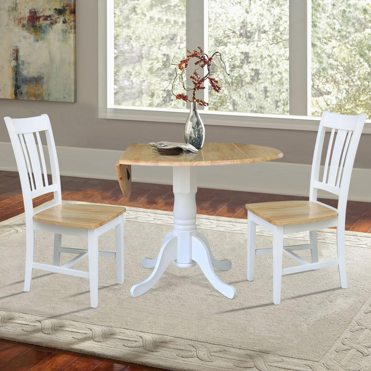 IC International Concepts K02-42DP-C10-2 42" Dual Drop Leaf Table with 2 San Remo Splatback Chairs-3 Piece Dining Set, White/Natural IC International Concepts
