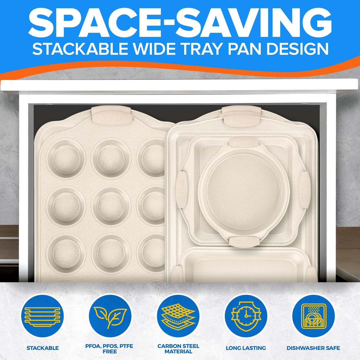 Emporio Kitchen Baking Pan Set - Nonstick Coating, Carbon Steel Bakeware Set with White Silicone Handle, PFOA, PFOS, PTFE Free, Recipe Booklet Included, Oven Safe Tray (Up To 450° F) Set of 25 - White Emporio Kitchen