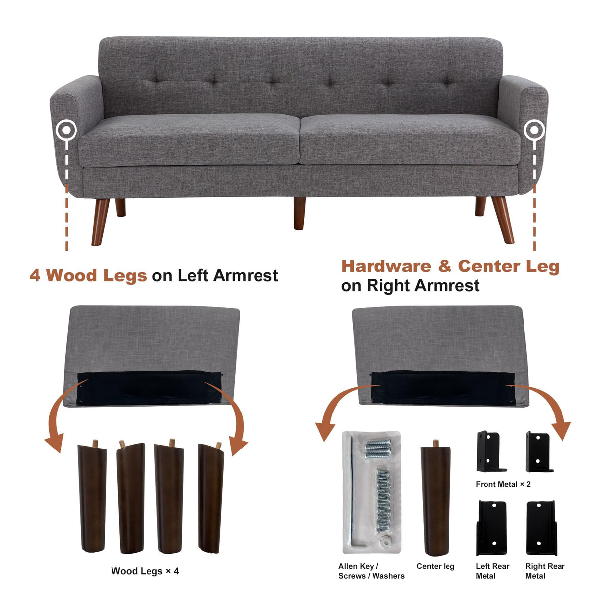 Kingfun 77.2" W Loveseat Sofa, Mid Century Modern Decor Love Seat Couches for Living Room, Button Tufted Upholstered Furniture, Solid & Easy to Install Small Couch for Bedroom Office Apartment, Gray Kingfun