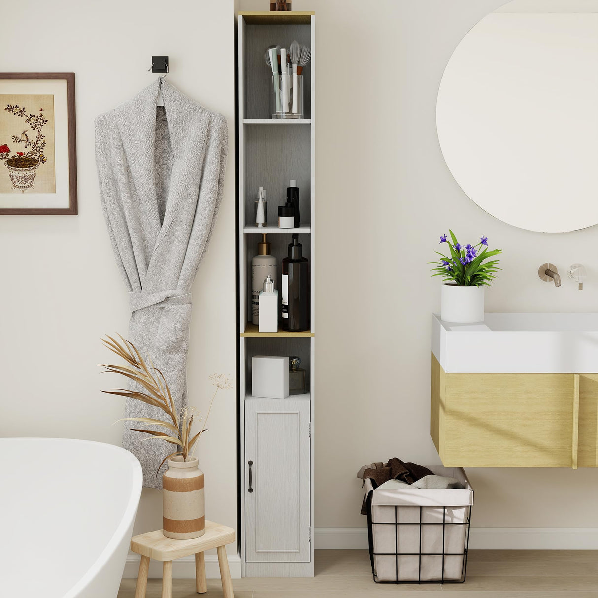 RASOO 72" Tall Narrow Bookcase Slim Storage Cabinet Freestanding Cabinet, 6-Tier Cube Display Rack CD DVD Slim Media Open Shelves Tower Rack, Narrow Bookshelf Display with Door and Adjustable Shelf RASOO