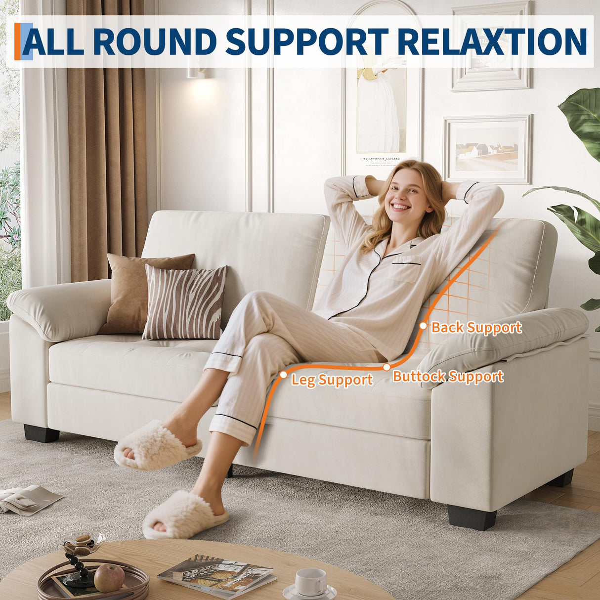 GarveeHome 90 in 3 Seater Sofa Counch Velvet Upholstered Oversized Loveseat with Soft Spacious Armrests, Comfy Button Tufted Couch for Living Room, Bedroom, Apartment, Beige GarveeHome