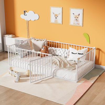 TURRIDU Twin Floor Bed for Child, Metal Montessori Bed Frame with Safety Guardrails & Door, Montessori Floor Bed Frame with Anti-Collision Cotton for Girls and Boys, No Box Spring Needed, White