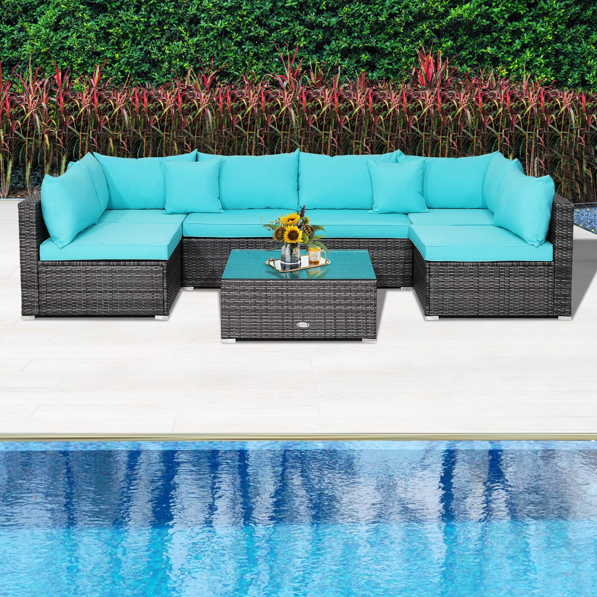 Tangkula 7 Pieces Patio Furniture Set, Patiojoy All-Weather Outdoor Rattan Sectional Sofa Set with Cushions and Tempered Glass Coffee Table, for Garden, Lawn, Backyard (Turquoise) Tangkula