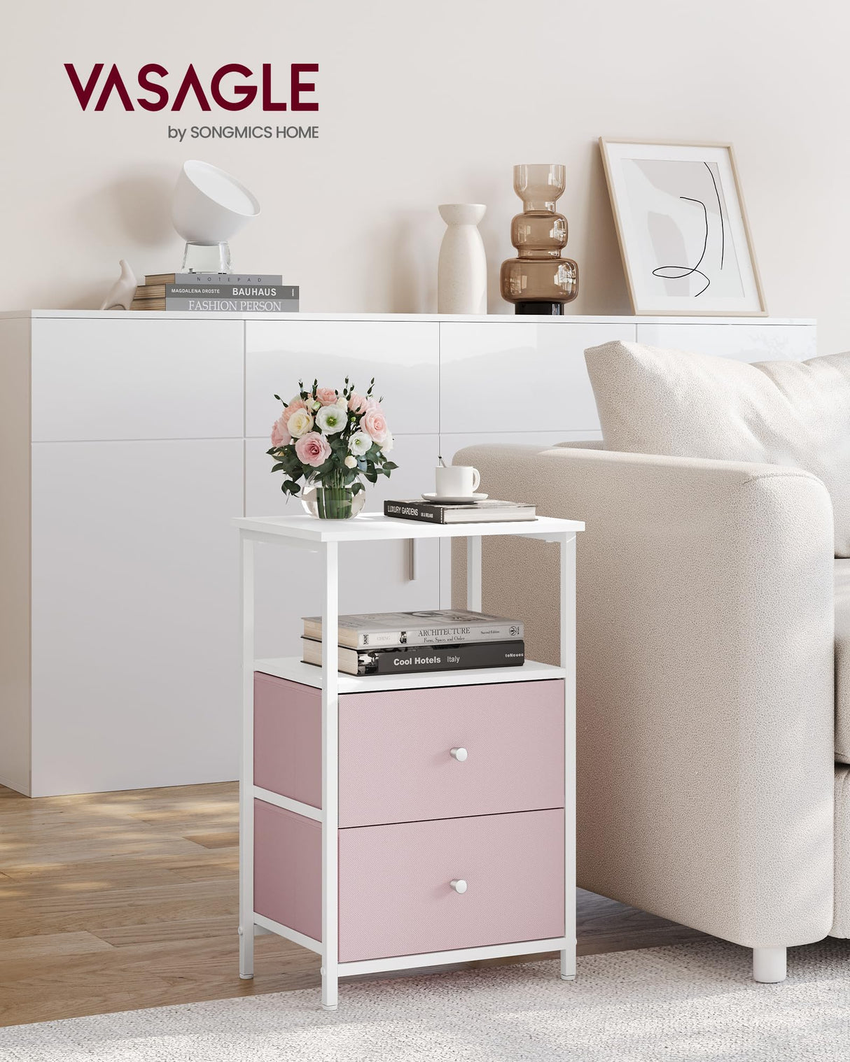 VASAGLE Nightstand, Side Table with 2 Fabric Drawers, 24-Inch Tall End Table with Storage Shelf, Bedroom, Jelly Pink and White ULGS025R05 VASAGLE